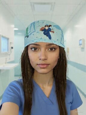 Light Blue Medical Scrub Cap with Nurse Print